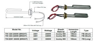 TW 1”Bsp Immersion Heater (Long) - TW-52W1 3000W (BRIGHT)
